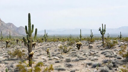 Vast desert landscape filled with towering saguaro cacti and various scrub brush under a hazy sky