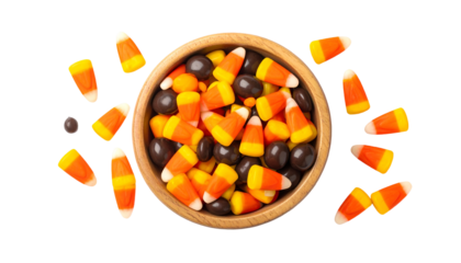 Overhead shot of a wooden bowl filled with candy corn & chocolate candies, scattered around