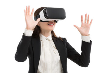 Immersive Technology: A professional woman immersed in a virtual reality experience, reaching out with anticipation, a glimpse into the future of technology and entertainment.