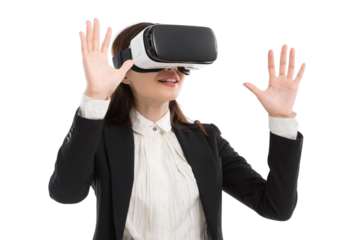 Immersive Technology: A professional woman immersed in a virtual reality experience, reaching out with anticipation, a glimpse into the future of technology and entertainment.