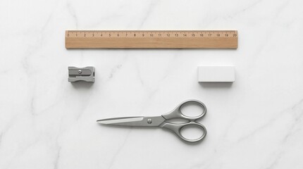 Essential stationery items laid out neatly on a white marble background for school or office work