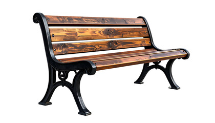 Classic park bench with wooden slats and ornate black metal supports, isolated on black