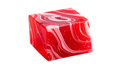 A vibrant red and white cube candy, swirled pattern, isolated on black