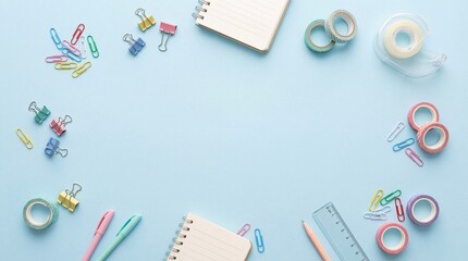 Vibrant office supplies and craft essentials elegantly arranged on a bright blue workspace