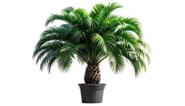 A Cycas revoluta, a small palm-like tree in a dark pot against a black background