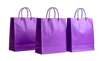 Three glossy purple shopping bags with handles, arranged in a row against a black backdrop