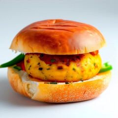 Vada Pav sandwich in Indian style, studio photography with isolated background.