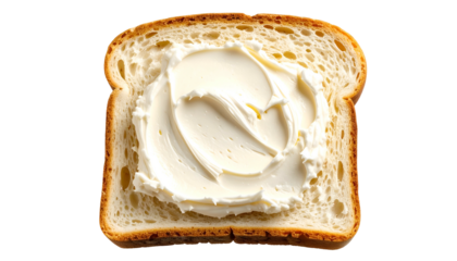 Slice of bread generously spread with a thick layer of creamy, white spread, centered
