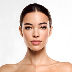 Split-Face Beauty Concept Showing Natural Bare Skin Versus Glamorous Makeup Look