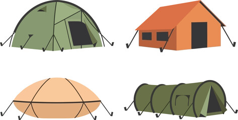 Flat design set of 4 camping tent styles dome tent cabin tent popup tent and backpacking tent