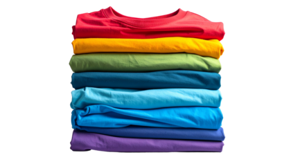A vibrant stack of colorful t-shirts, arranged in a rainbow gradient, against a black backdrop