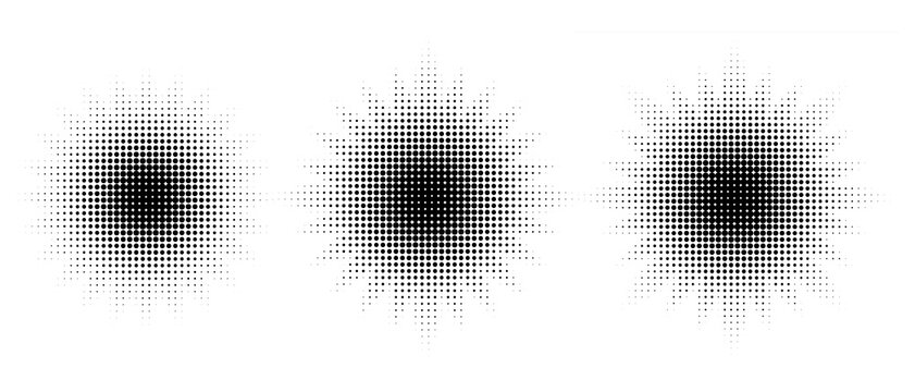 Minimal black halftone radial burst set with dotted gradient texture. 