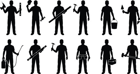 Set of construction worker silhouettes holding various tools isolated on white background representing skilled labor professions industry safety and workforce diversity