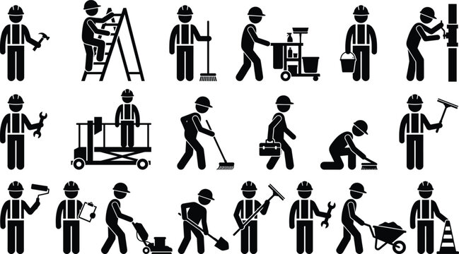 Set of construction worker icons silhouettes performing various labor tasks with tools isolated on white background representing industry safety workforce services icons