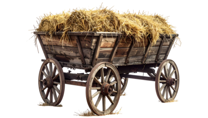 Weathered wooden cart overflowing with golden hay, rustic scene, isolated