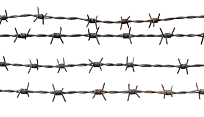Close-up of four rows of barbed wire against a black background, rusty and sharp
