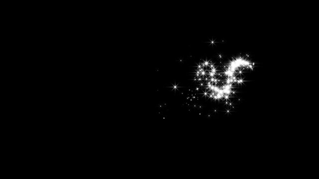 White glowing glitter particle trail with magic sparkles and twinkle stars, white twinkling particles, glowing doodle stars, glitter stars magic sparkling, elegant Christmas style on black screen. 4k