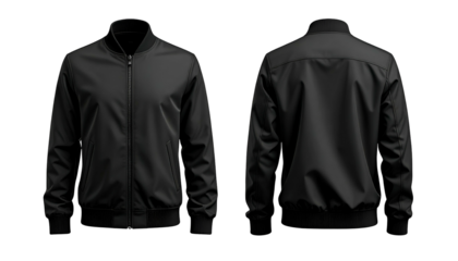 Front & back view of a black bomber jacket with ribbed cuffs & hem, on a black background
