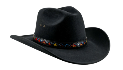 A close-up of a black felt cowboy hat with a colorful patterned band