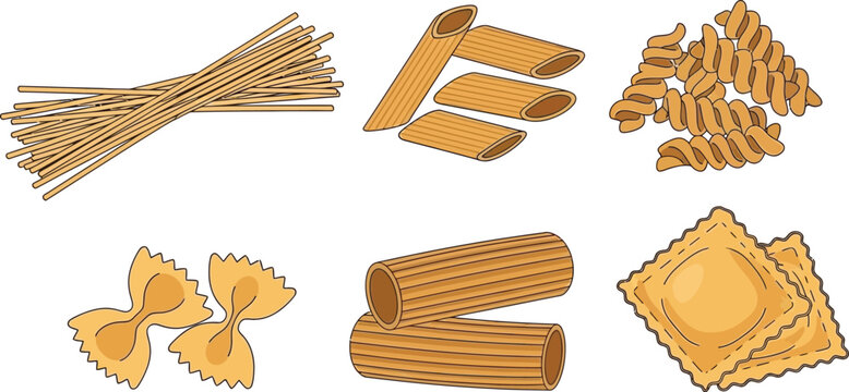 Flat vector set of 6 pasta shapes spaghetti penne fusilli farfalle rigatoni and ravioli solid wheat