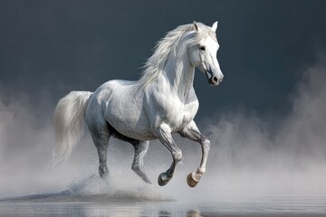 Fototapeta premium Majestic white horse running through misty water against a cloudy sky