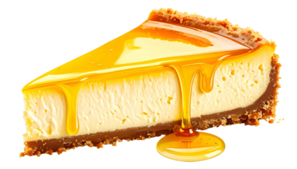 A golden slice of cheesecake with a honey glaze, isolated against a transparent backdrop
