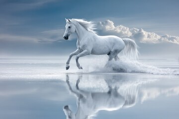 Fototapeta premium Majestic white horse running through water with sky background