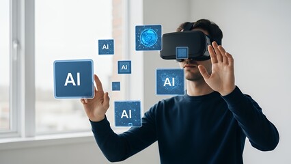 Man exploring artificial intelligence with virtual reality headset in a well-lit room