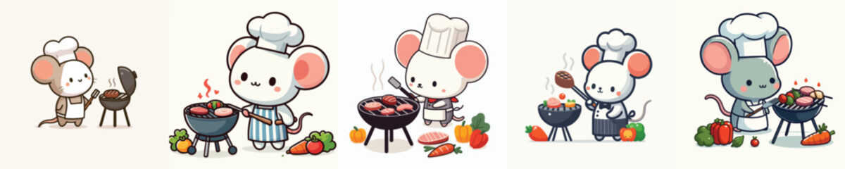 cute mouse vector grilling meat