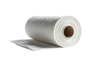 A tightly wound roll of white absorbent paper with a single sheet partially unrolled