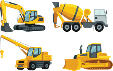 Cartoon construction vehicle illustration set with excavator, cement mixer, crane, and bulldozer for building and engineering themes.