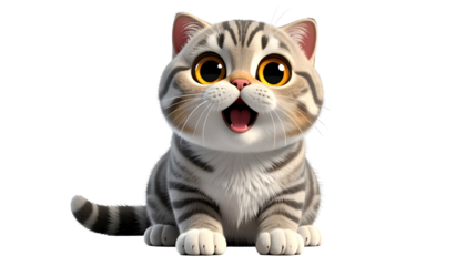 Cartoon cat with large expressive eyes and open mouth, sitting on a black backdrop