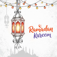 Ramadan kareem greeting with traditional fanoos lantern and festive string lights