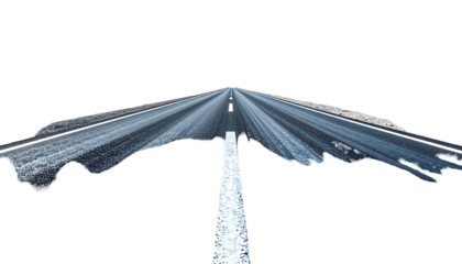 Perspective shot of a road with white lines, disappearing towards a vanishing point, isolated