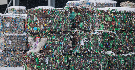 Stacks of compressed plastic and metal waste in garbage recycling plant