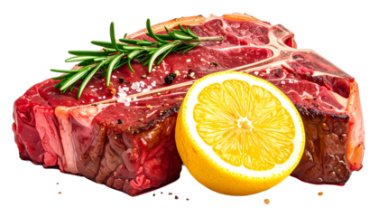 Thick raw T-bone steak, seasoned, with lemon wedge and sprig of rosemary