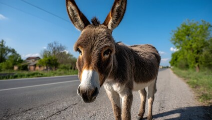 A close-up, eye-level shot of a gray donkey standing on a paved road. The donkey is looking directly at the camera with a curious expression. A blurred background features greenery and a blue sky 