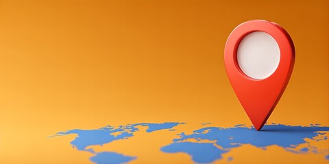 A red 3D location pin marking a spot on a blue world map outline against an orange background, symbolizing global positioning and travel.