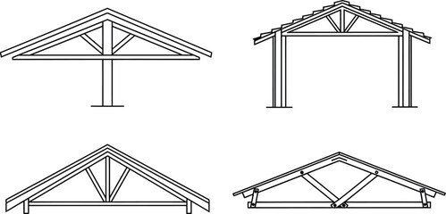 Line art vector set of 4 roof truss types king post queen post fink truss and scissor truss
