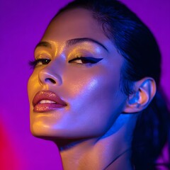 Beauty Studio Portrait Showcasing a Woman with Radiant Highlighter and Dewy Skin