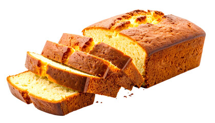 Sliced golden loaf cake, partially cut, with a light crumb