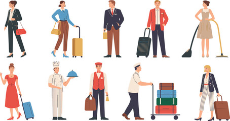 Cartoon hotel and travel character set with guests, staff, and service roles for hospitality, tourism, and vacation themes. © Sharon 