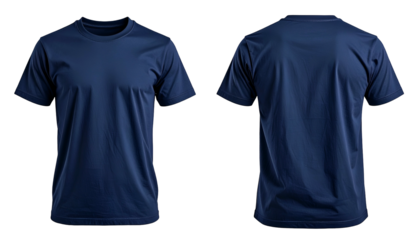 Front and back views of a dark blue crew neck t-shirt on a solid black background