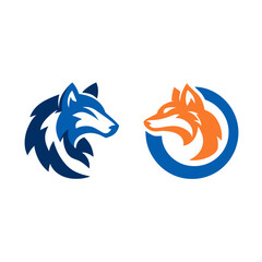 Stylized fox and wolf logos in blue and orange on a white background