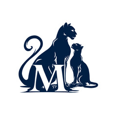 Elegant silhouette of panthers with initial letter m in minimalist design