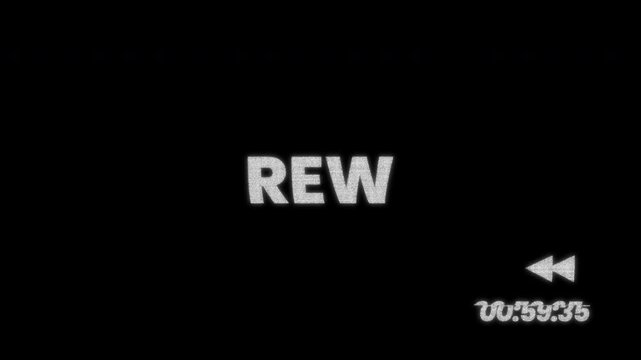 REW 4K Rewind Glow Text with TV Static Noise Texture Fill and Icon Overlay