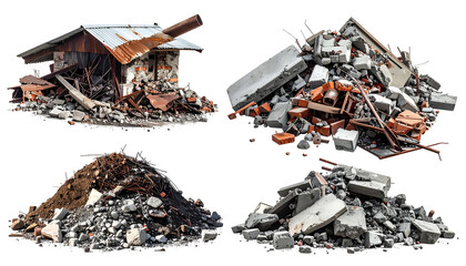 Four images of ruins a wrecked building, piles of debris, destruction, and rubble