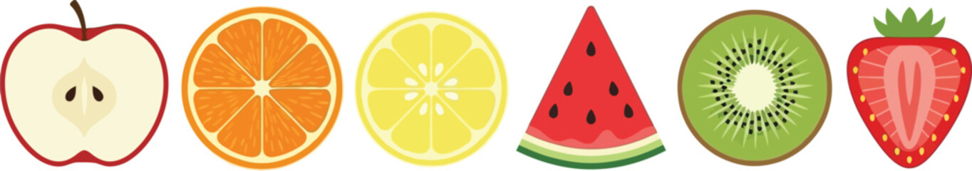 Flat vector set of 6 fruit slices apple orange lemon kiwi watermelon and strawberry