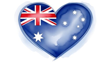 Watercolor Heart-Shaped Australia Flag. A heart-shaped emblem featuring the Australian flag rendered in a soft, artistic watercolor style with blue paint bleeds and a gentle blue border.