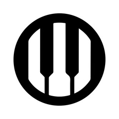 Abstract black and white circular logo featuring stylized piano keys, representing music and creativity